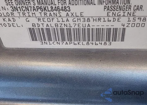 2019 Nissan Versa 1.6 Sv from USA, damaged, VIN 3N1CN7AP6KL846483